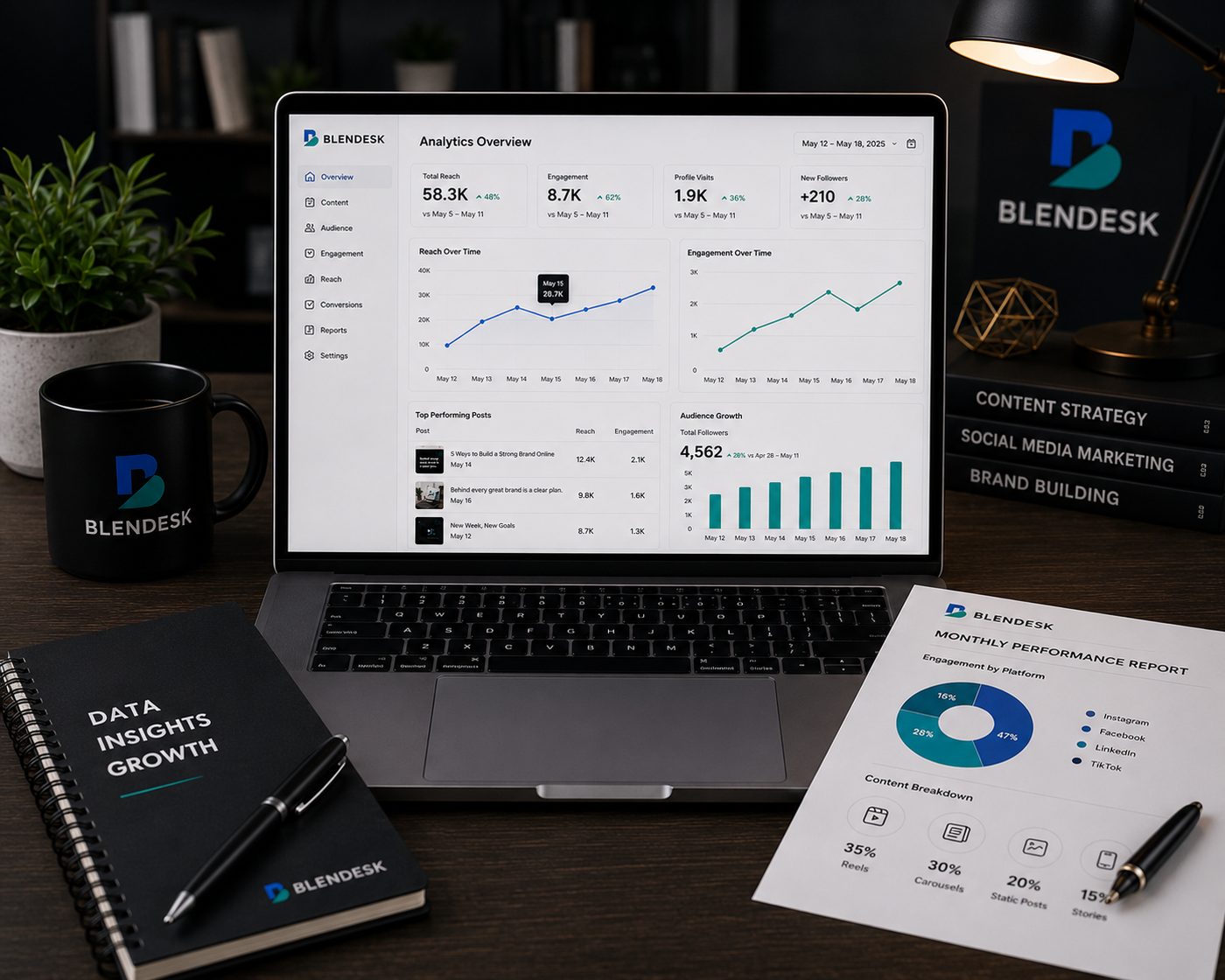 Blendesk SEO analytics dashboard showing traffic and engagement growth