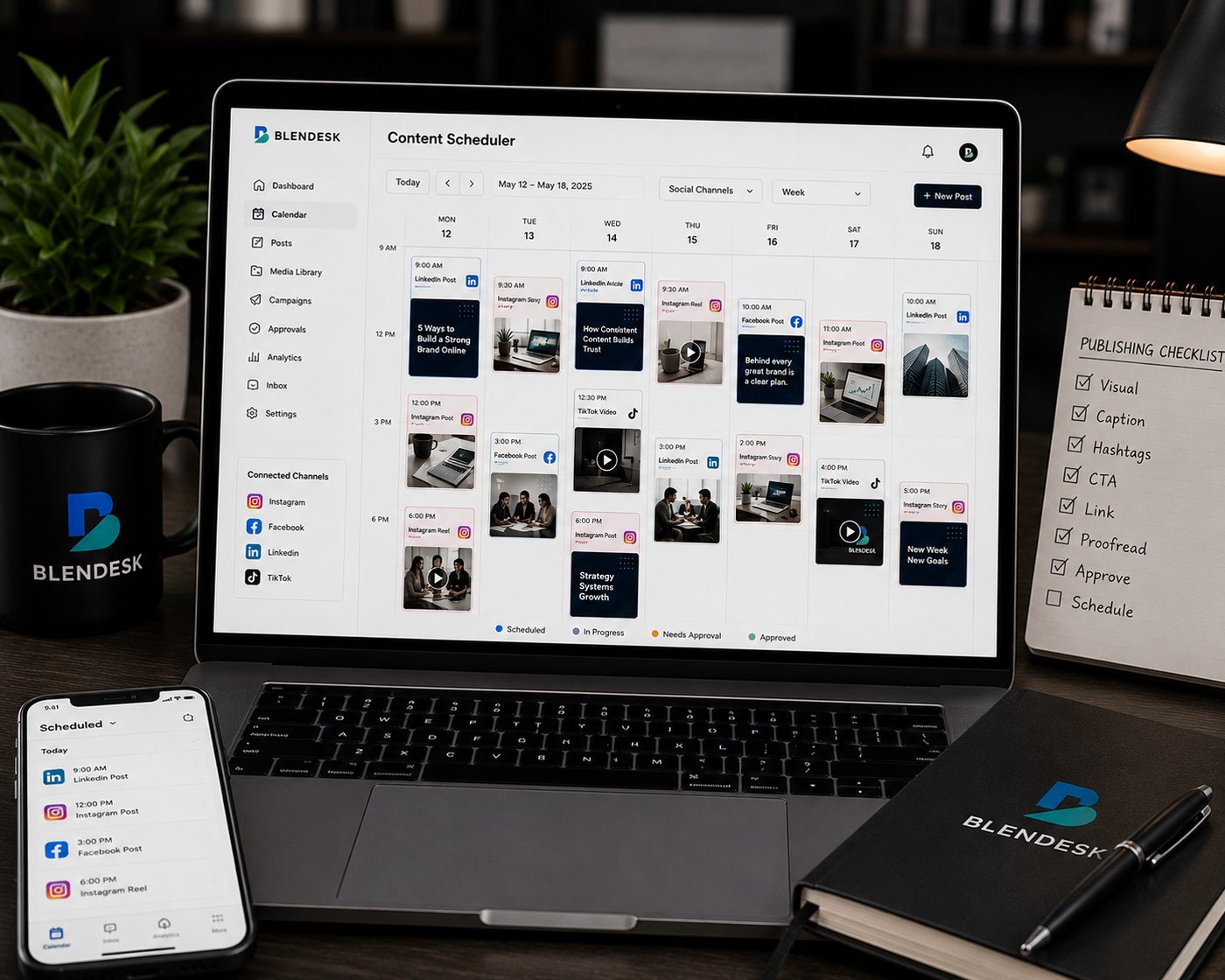 Blendesk content scheduler dashboard showing a week of scheduled social posts
